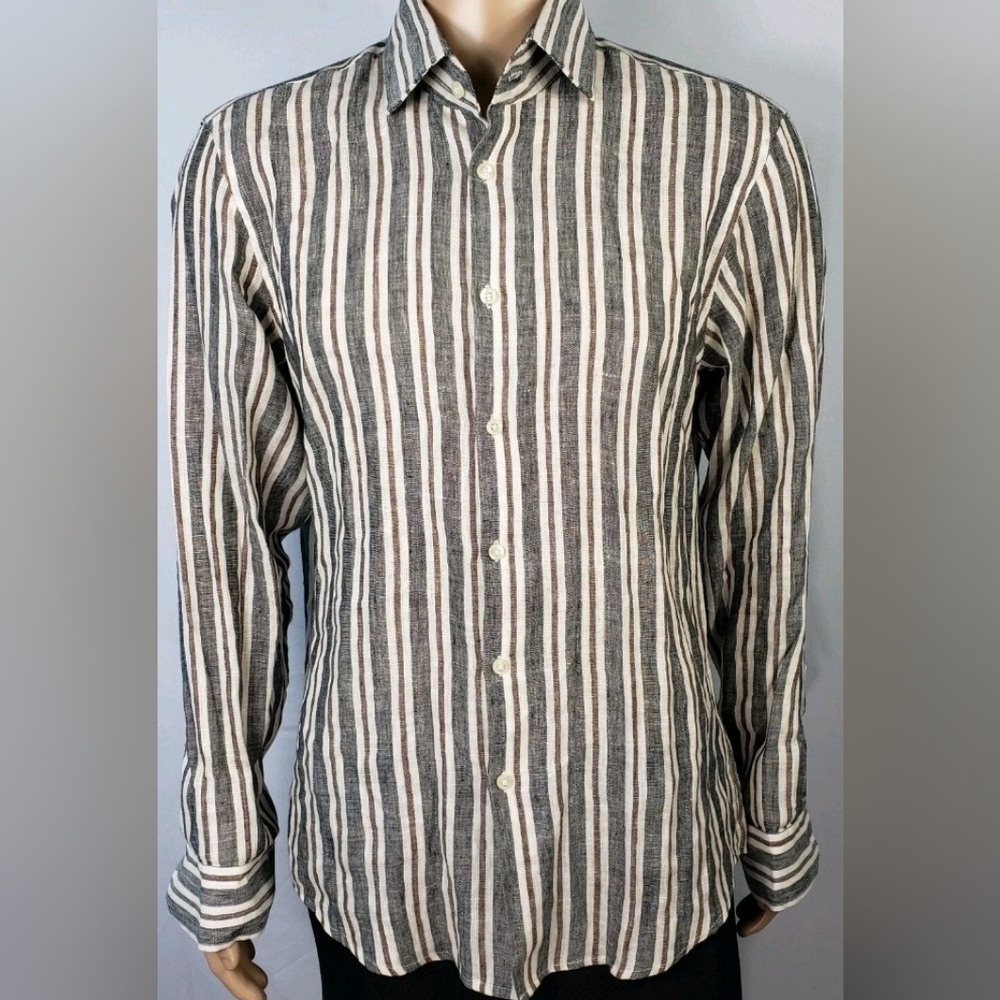 Cigar Couture Linen Shirt Mens XXL Large Black White Striped Long Sleeve